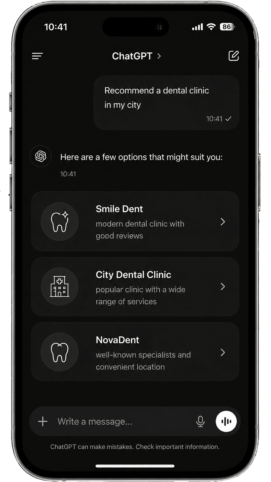 Example of a ChatGPT prompt where AI recommends a dentistry business